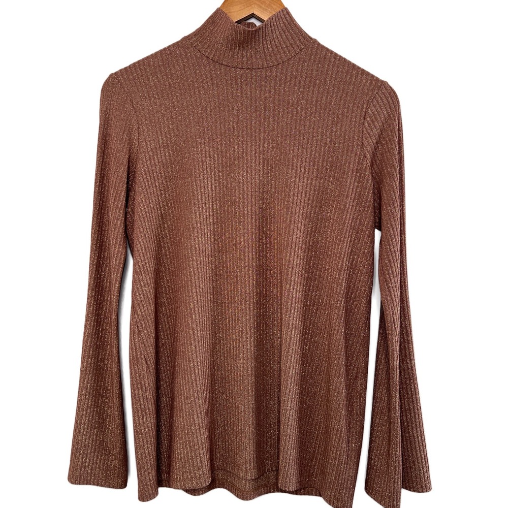 HATCH New Ribbed Mock Neck Metallic Long Sleeve Top Shirt Bronze Women's Size L - Picture 2 of 8